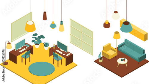 Isometric illustration of modern living room and home office interior with stylish furniture, computers, lamps, plants and cozy decor