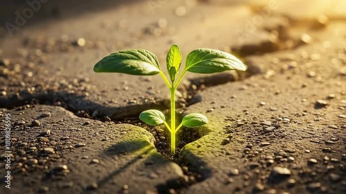 Hopeful green sprout emerges from dry cracked earth, symbolizing resilience and new beginnings in sunlight.