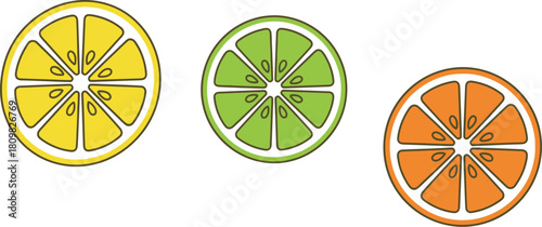 Colorful lemon, lime, and orange slices on a white plain background
