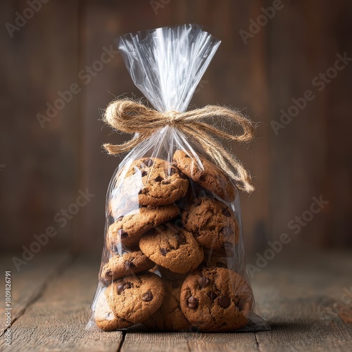 Chocolate chip cookies in clear bag on wooden table top view sweet treat homemade bakery gift rustic style