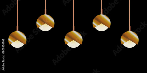 Modern gold pendant ceiling lights with warm ambient glow hanging against. Luxury interior lighting decoration