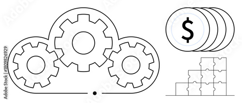 Cloud computing concept. Cloud computing with interconnected gears, financial symbols, and puzzle pieces. Cloud computing solutions optimize finance, strategy, and innovation. For technology