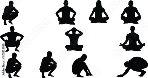 Silhouette collection of people practicing yoga, meditation and stretching poses on the floor, ideal vector artwork for fitness, wellness and mindfulness design themes