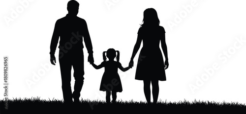 Silhouette family walking together holding hands in nature, father mother and daughter standing on grass, peaceful outdoor family illustration