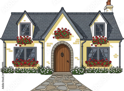 Cartoon house with flower boxes and stone path on a white background
