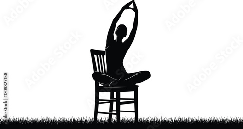 Silhouette of person practicing seated yoga stretch on chair outdoors with raised arms, peaceful meditation posture for health and wellness illustration