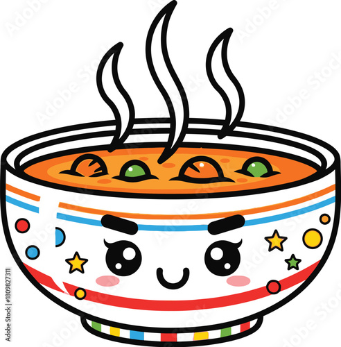Cute kawaii bowl of soup with steam and smiling face on white background