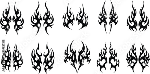 Tribal flame tattoo design collection featuring symmetrical fire patterns and abstract shapes, perfect vector artwork for body art, decoration and graphic design projects
