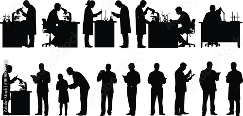 Silhouettes of scientists and professionals working in laboratory, research teamwork, microscope analysis, scientific study, medical research, educational science illustration