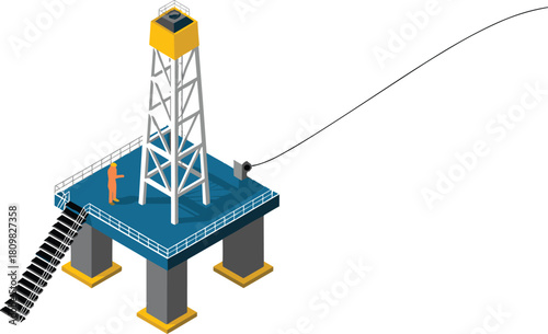 Isometric illustration of offshore oil drilling platform with worker on deck, industrial energy production structure, petroleum engineering concept design