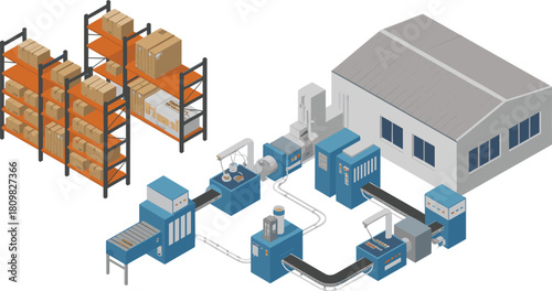 Isometric illustration of modern warehouse and automated production line showing logistics, packaging, and industrial manufacturing process in operation