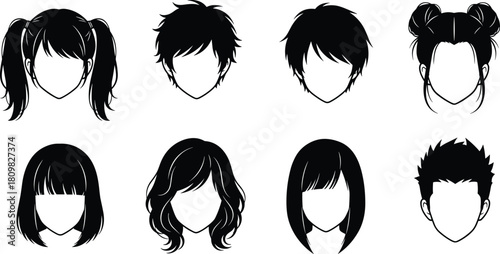 Vector collection of male and female hairstyle silhouettes featuring pigtails, buns, bangs and layered cuts, ideal for beauty, fashion and character design projects