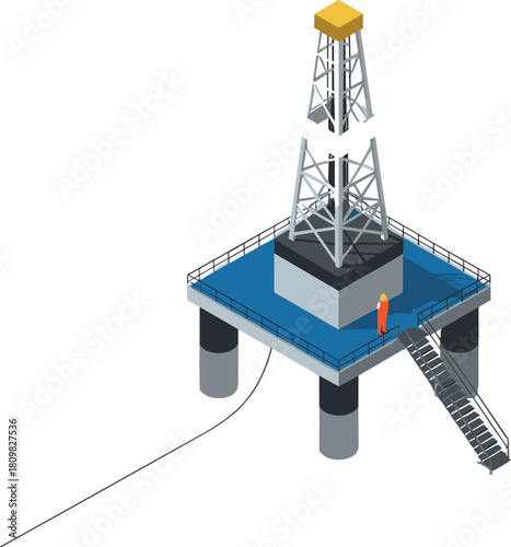 Isometric illustration of offshore oil drilling platform with worker on deck, industrial energy production structure, petroleum engineering concept design