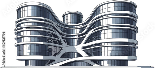 Futuristic curved building with glass facade on a plain background