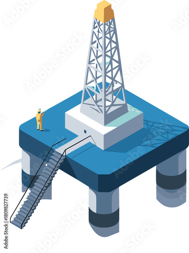 Isometric illustration of offshore oil drilling platform with worker on deck, industrial energy production structure, petroleum engineering concept design