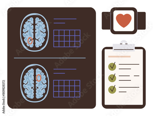 Brain scans with highlighted areas, grid data, checklist on clipboard, and heart monitor. Ideal for health care, medical research, diagnostics, neurology, cardiology analysis simple flat metaphor
