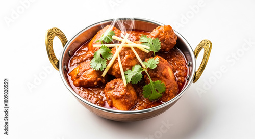 Fototapeta Naklejka Na Ścianę i Meble -  Delicious chicken tikka masala served in a traditional copper bowl on white table on transparent background