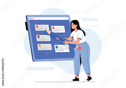 Woman interacting with a large digital display board - Flat Vector Illustration, icon. Editable stroke. Colored vector illustration