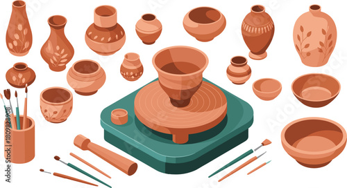 Isometric illustration of pottery wheel with handmade clay ceramics, cups, vases, plates, and crafting tools for artisan workshop design