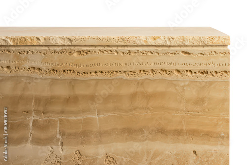 Beige travertine stone slab with rough edges and porous texture isolated with transparent background