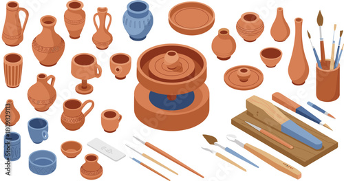 Isometric illustration of pottery wheel with handmade clay ceramics, cups, vases, plates, and crafting tools for artisan workshop design