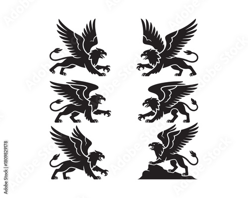 griffin silhouette, griffin vector, griffin collection, griffin set, winged creature silhouette, powerful griffin art, griffin icon collection, 