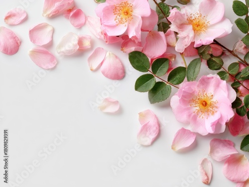 Delicate pink dog rose flowers and petals scattered on white surface, flat lay floral arrangement, studio shot, soft light