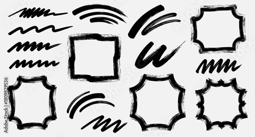 Bold ink brush frames and strokes arranged in expressive collection. Strong shapes create dynamic artistic mood. Rough textures add creative handmade feeling