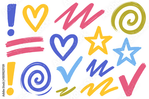 Colorful brush marks and playful symbols arranged in joyful collection. Bright tones create fun energetic atmosphere. Soft shapes add cheerful expressive mood