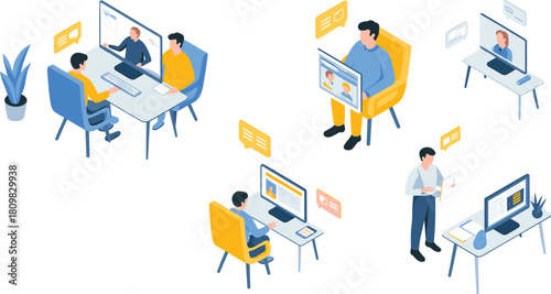 Isometric illustration of remote work communication, online meeting, virtual collaboration, digital teamwork, video conference, business technology, online office workspace