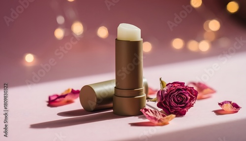 Lip Balm With Open Cap Next To Rose And Dried Petals