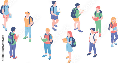 Isometric illustration of students standing and reading with backpacks, modern education concept showing diverse learners studying together on campus