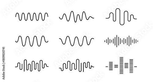 Sound waves sign set, music wave and audio equalizer icons, digital and analog waveform collection for beat frequency signal radio pulse or voice recording graphic on transparent background