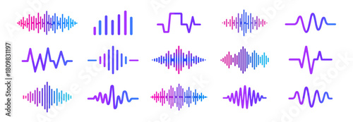 Sound waves sign set, music wave and audio equalizer icons, digital and analog waveform collection for beat frequency signal radio pulse or voice recording graphic on transparent background