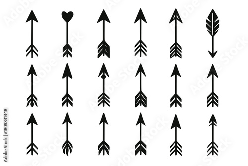 A collection of stylized black arrows with varied arrowheads and fletching designs on a white background