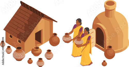 Isometric illustration of traditional Indian village women making clay pots, pottery art, rural culture, earthen house and handcrafted ceramics