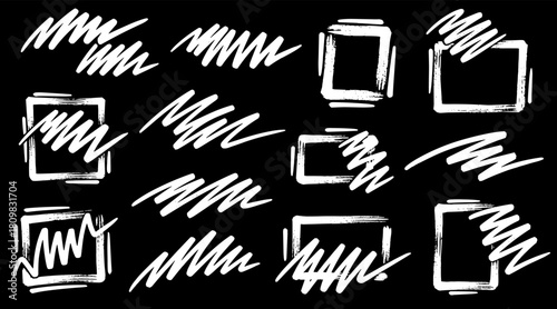 White brush frames and strokes arranged on dark background. Bold shapes create strong expressive contrast. Rough textures add creative dynamic feeling