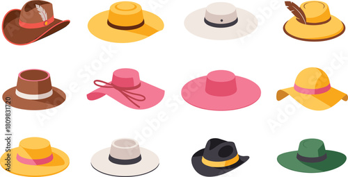 Isometric illustration of twelve different stylish hats including cowboy, sun, wide-brim, and fedora designs in various colors