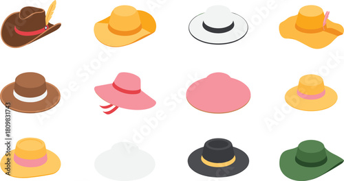Isometric illustration of twelve different stylish hats including cowboy, sun, wide-brim, and fedora designs in various colors