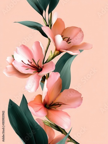 Elegant floral arrangement featuring peach colored lily flowers with dark green leaves on a soft pink background vertical