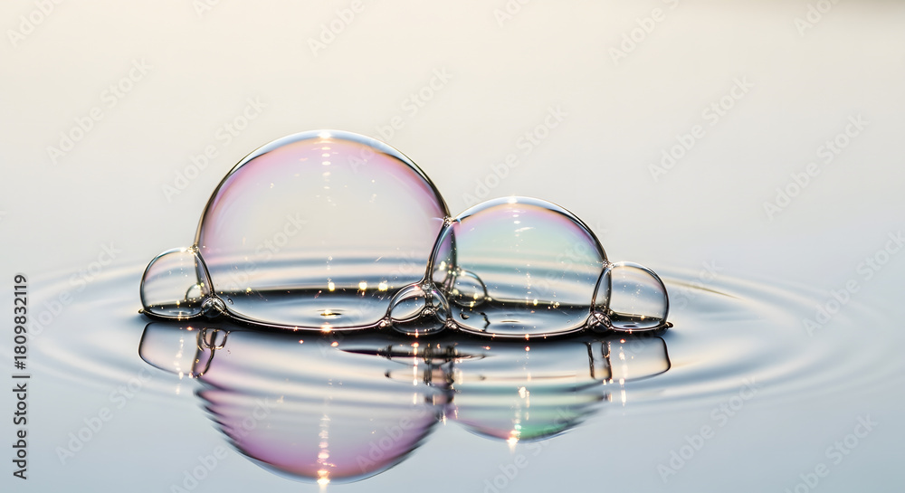 Obraz premium Delicate iridescent soap bubbles floating serenely on calm water with soft, ethereal reflections at sunset