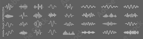 Sound waves sign set, music wave and audio equalizer icons, digital and analog waveform collection for beat frequency signal radio pulse or voice recording graphic