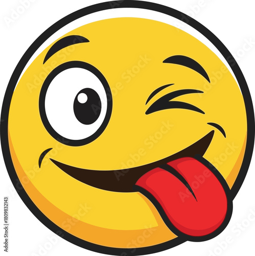 Yellow winking emoji with tongue sticking out on a white background
