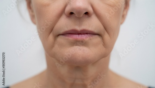 Close-up of mature woman’s face with visible nasolabial folds on neutral background