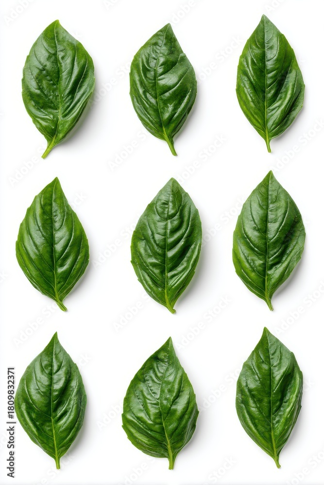 Obraz premium Basil leaves arranged in a grid pattern on a white background studio shot overhead view culinary herbs fresh ingredients