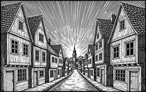 Vintage street framed with tall wooden houses. Strong engraved lines create classic dramatic mood. Deep textures form expressive detailed scene