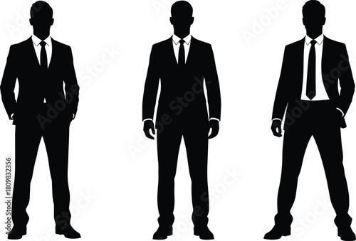 Businessmen silhouette collection featuring three professional male figures in formal suits standing confidently, ideal vector design for corporate and business themes