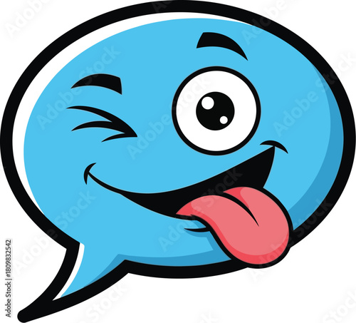 Winking blue speech bubble with tongue out on a white background