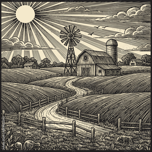 Vintage farm landscape with barn windmill and bright sun. Engraved lines create strong dramatic mood. Deep textures form classic rural scenery