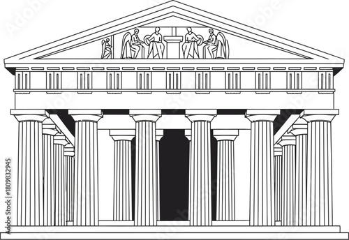 Ncient Greek temple with columns and figures on a white background